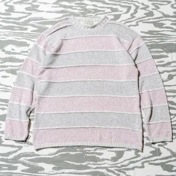90s 일본제 Bernings 그레이 x 핑크 보더 3D 코튼 스웨터