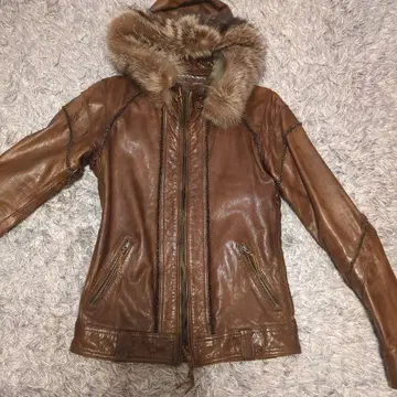 14thAddiction 브라운 가죽 후드 부착 자켓