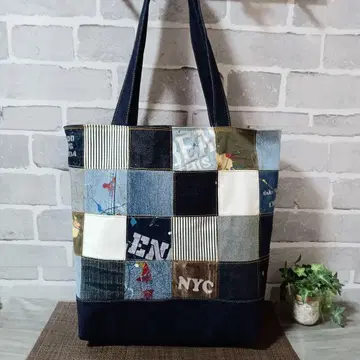 데님 리메이크 패치워크 숄더 토트백 핸드메이드