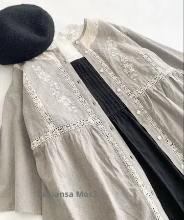 사만사 모스모스 블라우스 꽃 자수 절개 블라우스 그레이