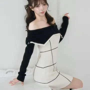Darich 오프숄더 레이스업 리본 니트 미니 원피스