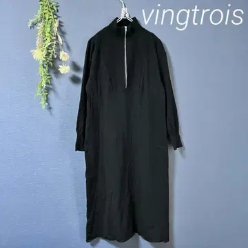 [ vingtrois ] 니트 롱 원피스 하이넥 하프 지퍼 블랙