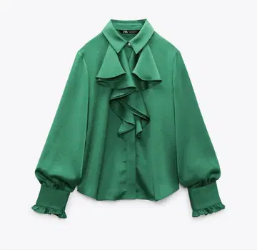 ZARA 새틴 프릴 셔츠 그린 광택 긴팔 펄 비쥬 버튼 XS
