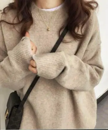 키라키라샵 오버 사이즈 니트 베이지 프리 무지 긴팔 U넥