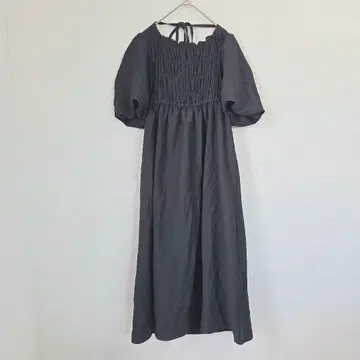 셔링 퍼프 슬리브 롱 원피스 블랙 M 리본 포함