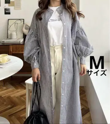 롱 셔츠 원피스 볼륨 슬리브 밴드 카라 M 스트라이프 미사용