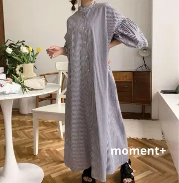 롱 셔츠 원피스 볼륨 슬리브 밴드 카라 M 스트라이프 미사용