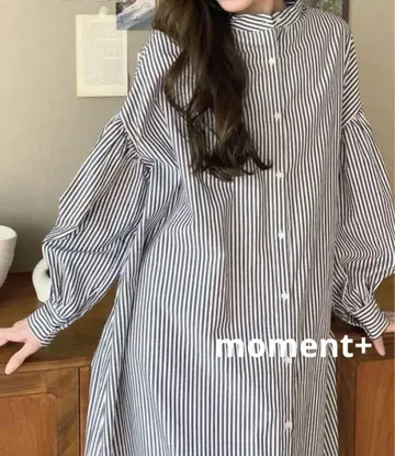 롱 셔츠 원피스 볼륨 슬리브 밴드 카라 M 스트라이프 미사용