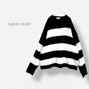 [ Makes Style ] 샤기 니트 보더 드롭 숄더 빅 루즈