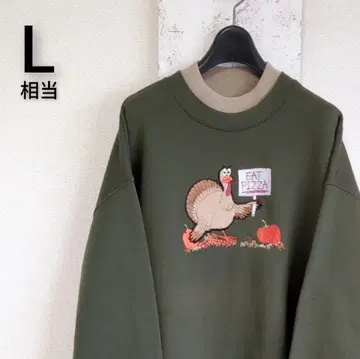 구제 의류 맨투맨 카키 캐릭터 모티브 칠면조 자수 XL