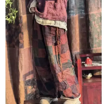 패치워크 프린트 린넨 가우초 팬츠 넉넉한 안감 포함