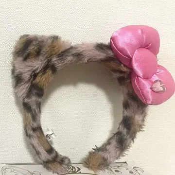 레오파드 무늬 퍼 핑크 리본 머리띠