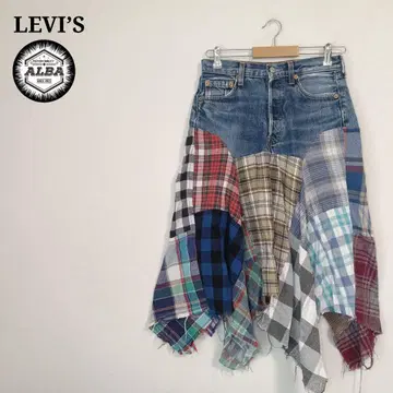 LEVI'S 리바이스 501 스커트 데님 체크 무늬 리메이크 무릎 기장