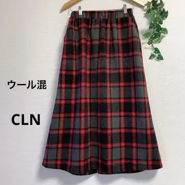 CLN*울 혼방 빨간색 그레이 체크 타이트 스커트