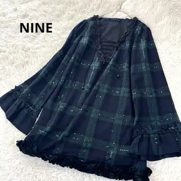 나인 NINE 체크 무늬 스팽글 프릴 튜닉 울 모 플레어 소매