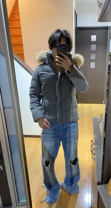 그레이 다운 후드 퍼 포함 Y2K 그런지 블랙 Opium 쇼트 기장