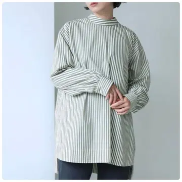 note et silence 80/2 스트라이프 개더 스탠드 블라우스