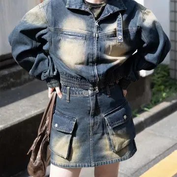 빈티지 워시 바이커 자켓 & 카고 미니 스커트 셋업