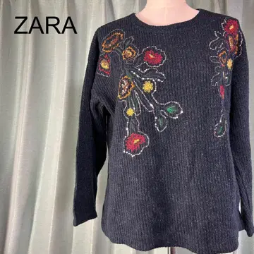 ZARA 다크 그레이 자수, 스팽글 니트 스웨터