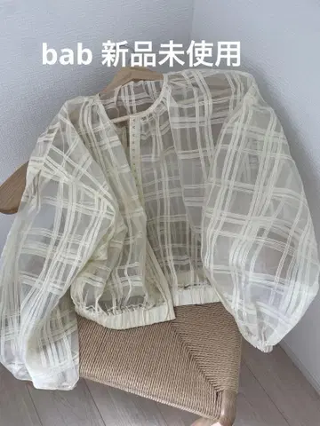 bab 시어 체크 블루종 크림색 시스루 체크 무늬 셔츠