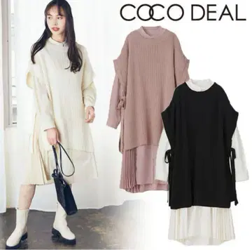 coco deal 지패턴 니트 베스트 레이어드 플리츠 셔츠 원피스