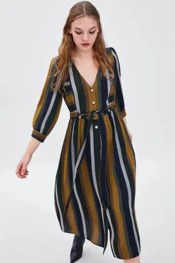 ZARA 자라 스트라이프 원피스 긴팔 플레어 레트로 여성용