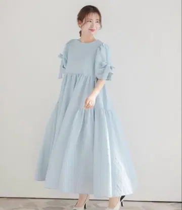 핏모어 소매 리본 자카드 원피스 [ 새상품급 ] 블루