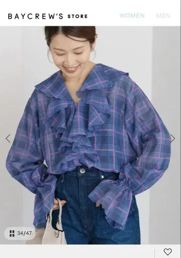 IENA 시어 체크 프릴 셔츠