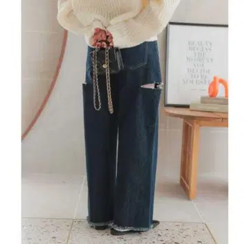 [ Petitle / 프티레 ] 밑단 프린지 스트레이트 데님 팬츠