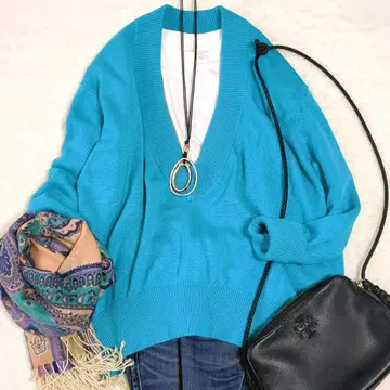 새상품급 드로어 V넥 니트 캐시미어 9G 천축 편직 터콰이즈 블루