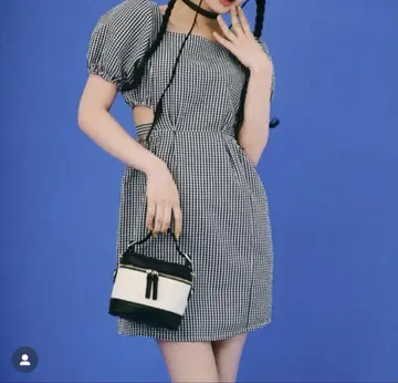 [ REDYAZEL ] 네이비 깅엄 체크 퍼프 슬리브 미니 원피스