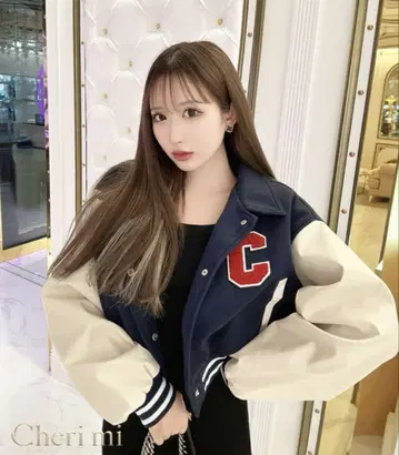 셰리미 cheri mi 로고 와펜 바시티 자켓 네이비