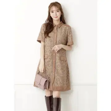 Rirandture 레이스 콤비 스웨이드 미니 원피스