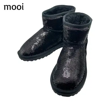 [ 모이 ] 23.5cm: 스팽글 무스탕 부츠 (블랙)