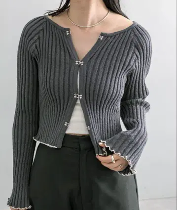 mystic 배색 후크 리브 가디건