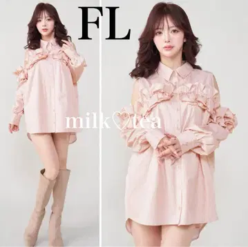 택 포함 새상품 다리치 멀티 스트라이프 프릴 셔츠 튜닉 핑크 FL