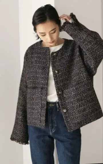 다크 그레이 노카라 자켓 트위드풍