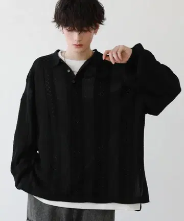 [ 완판템 ] 루즈 실루엣 레이스 편직 시어 니트 피케 셔츠 LILL