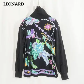 새상품급 LEONARD 하이넥 니트 스웨터 꽃무늬 플라워 실크 혼방 M
