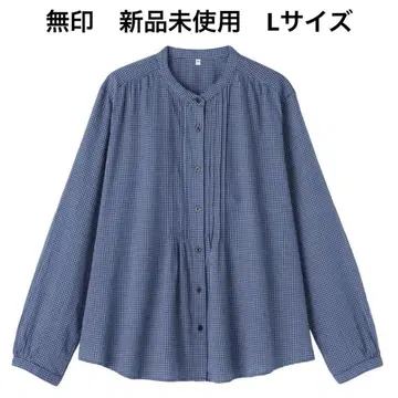 [무인] 면 보일 긴팔 블라우스 블루 체크 L 사이즈