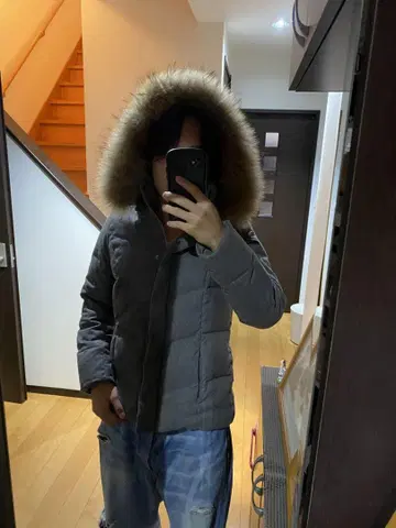 그레이 퍼(Fur) 장식 다운 자켓 Y2K 그런지 Opium 쇼트 블랙