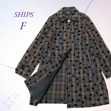 SHIPS 쉽스 / 롱 코트 체크 & 도트 코튼 100% 브라운