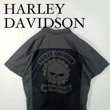 HARLEY DAVIDSON 그레이 스컬 로고 반팔 워크 셔츠 오픈 카라
