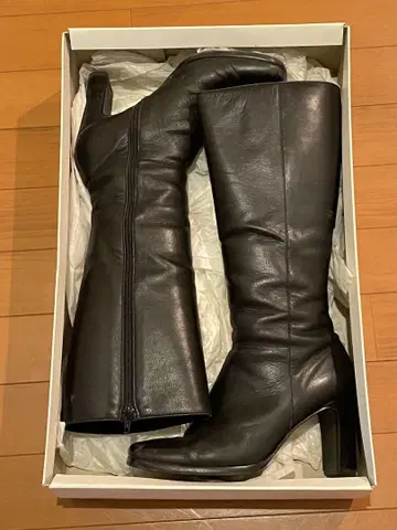 블랙 가죽 롱 부츠 힐 8cm