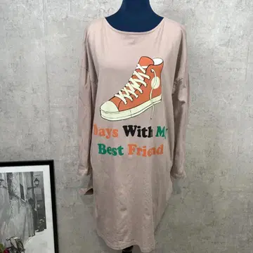 PARK GIRL 롱티셔츠 롱 기장 루즈핏 M 베이지 프린트 로고