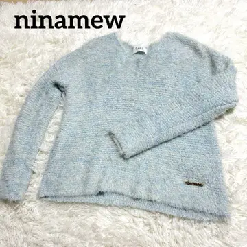 ninamew 샤기 니트 V넥 라이트 블루 복슬복슬 퍼 모헤어