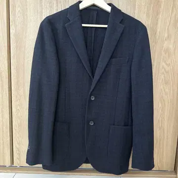 울 혼방 네이비 체크 무늬 싱글 자켓