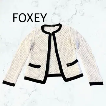 FOXEY 울 캐시미어 니트 가디건 38 화이트 x 블랙