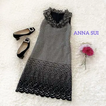 ANNA SUI 깅엄 체크 자수 슬리브리스 원피스 울