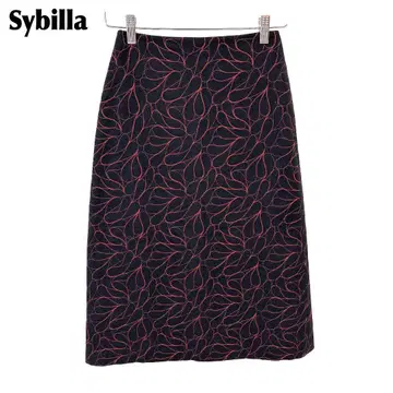 Sybilla 사다리꼴 울 스커트 M 블랙 x 레드 꽃무늬 자수